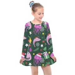 Colorful Funny Christmas Pattern Kids  Long Sleeve Dress