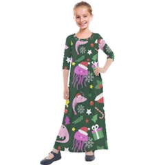 Colorful Funny Christmas Pattern Kids  Quarter Sleeve Maxi Dress