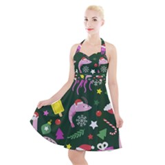 Colorful Funny Christmas Pattern Halter Party Swing Dress 