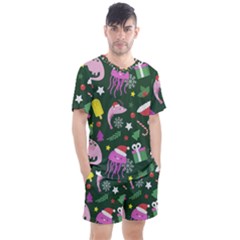 Colorful Funny Christmas Pattern Men s Mesh Tee and Shorts Set