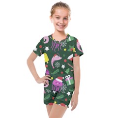 Colorful Funny Christmas Pattern Kids  Mesh Tee and Shorts Set