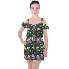 Colorful Funny Christmas Pattern Ruffle Cut Out Chiffon Playsuit