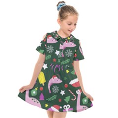 Colorful Funny Christmas Pattern Kids  Short Sleeve Shirt Dress