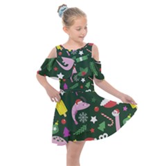 Colorful Funny Christmas Pattern Kids  Shoulder Cutout Chiffon Dress