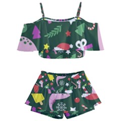 Colorful Funny Christmas Pattern Kids  Off Shoulder Skirt Bikini