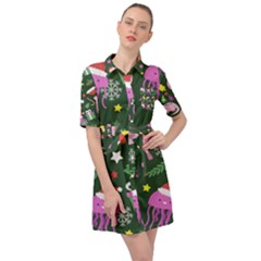 Colorful Funny Christmas Pattern Belted Shirt Dress