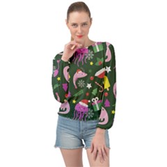 Colorful Funny Christmas Pattern Banded Bottom Chiffon Top