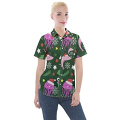 Colorful Funny Christmas Pattern Women s Short Sleeve Pocket Shirt