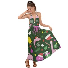 Colorful Funny Christmas Pattern Backless Maxi Beach Dress