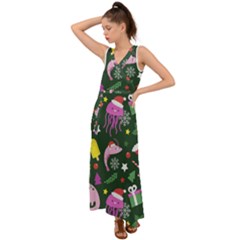 Colorful Funny Christmas Pattern V-Neck Chiffon Maxi Dress