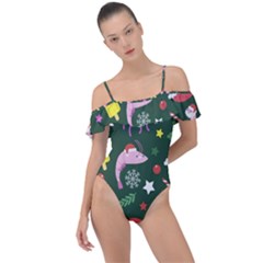 Colorful Funny Christmas Pattern Frill Detail One Piece Swimsuit