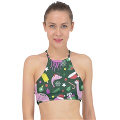 Colorful Funny Christmas Pattern Racer Front Bikini Top