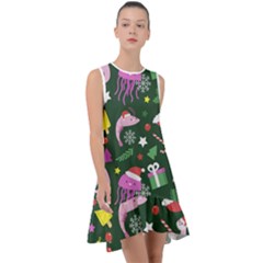 Colorful Funny Christmas Pattern Frill Swing Dress