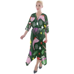 Colorful Funny Christmas Pattern Quarter Sleeve Wrap Front Maxi Dress