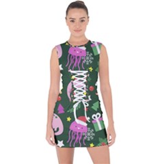 Colorful Funny Christmas Pattern Lace Up Front Bodycon Dress