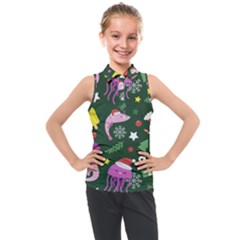 Colorful Funny Christmas Pattern Kids  Sleeveless Polo Tee