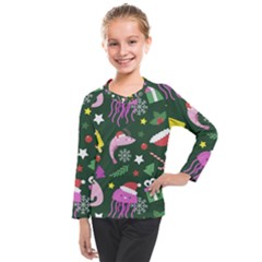 Colorful Funny Christmas Pattern Kids  Long Mesh Tee