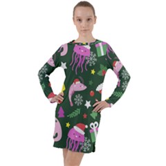 Colorful Funny Christmas Pattern Long Sleeve Hoodie Dress