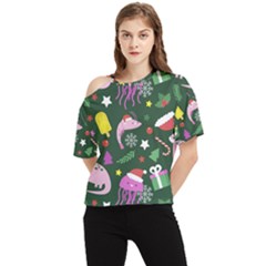 Colorful Funny Christmas Pattern One Shoulder Cut Out Tee