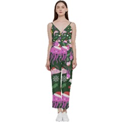 Colorful Funny Christmas Pattern V-Neck Spaghetti Strap Tie Front Jumpsuit