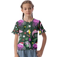 Colorful Funny Christmas Pattern Kids  Cuff Sleeve Scrunch Bottom Tee