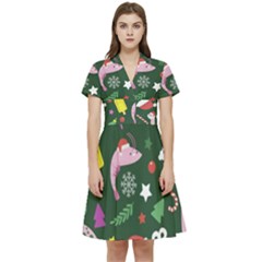 Colorful Funny Christmas Pattern Short Sleeve Waist Detail Dress