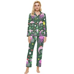 Colorful Funny Christmas Pattern Womens  Long Sleeve Velvet Pocket Pajamas Set