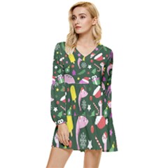 Colorful Funny Christmas Pattern Tiered Long Sleeve Mini Dress