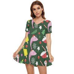 Colorful Funny Christmas Pattern Tiered Short Sleeve Babydoll Dress