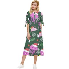 Colorful Funny Christmas Pattern Bow Sleeve Chiffon Midi Dress