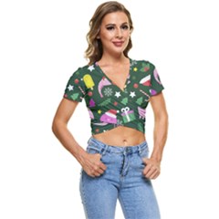 Colorful Funny Christmas Pattern Short Sleeve Foldover Tee