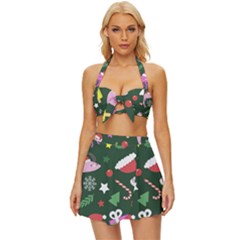 Colorful Funny Christmas Pattern Vintage Style Bikini Top and Skirt Set 