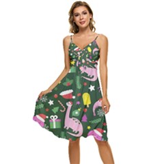 Colorful Funny Christmas Pattern Sleeveless Tie Front Chiffon Dress