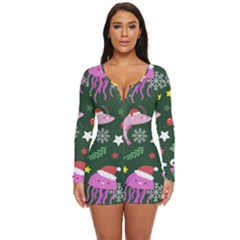 Colorful Funny Christmas Pattern Long Sleeve Boyleg Swimsuit