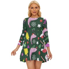 Colorful Funny Christmas Pattern Long Sleeve Babydoll Dress