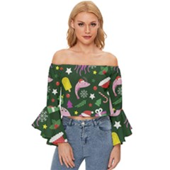 Colorful Funny Christmas Pattern Off Shoulder Flutter Bell Sleeve Top