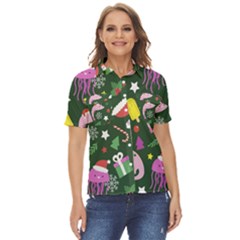Colorful Funny Christmas Pattern Women s Short Sleeve Double Pocket Shirt