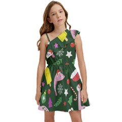 Colorful Funny Christmas Pattern Kids  One Shoulder Party Dress