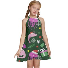 Colorful Funny Christmas Pattern Kids  Halter Collar Waist Tie Chiffon Dress