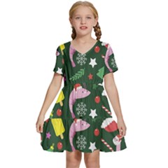 Colorful Funny Christmas Pattern Kids  Short Sleeve Tiered Mini Dress