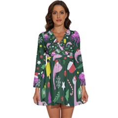 Colorful Funny Christmas Pattern Long Sleeve V-Neck Chiffon Dress 