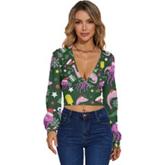 Colorful Funny Christmas Pattern Long Sleeve Deep-V Velour Top