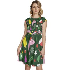 Colorful Funny Christmas Pattern Cap Sleeve High Waist Dress