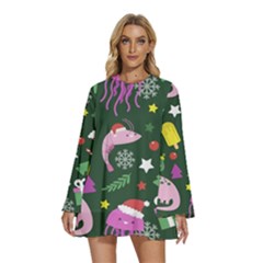 Colorful Funny Christmas Pattern Round Neck Long Sleeve Bohemian Style Chiffon Mini Dress