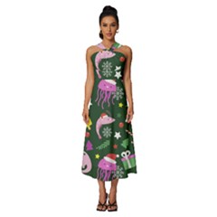 Colorful Funny Christmas Pattern Sleeveless Cross Front Cocktail Midi Chiffon Dress