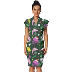 Colorful Funny Christmas Pattern Vintage Frill Sleeve V-Neck Bodycon Dress