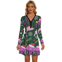 Colorful Funny Christmas Pattern Long Sleeve Deep V Mini Dress 