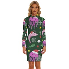 Colorful Funny Christmas Pattern Long Sleeve Shirt Collar Bodycon Dress