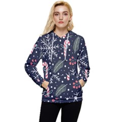 Holiday Seamless Pattern With Christmas Candies Snoflakes Fir Branches Berries Women s Lightweight Drawstring Hoodie