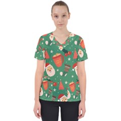 Colorful Funny Christmas Pattern Women s V-Neck Scrub Top